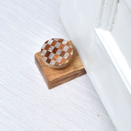 Brown & White Check Pattern Ceramic Wooden Door Stopper